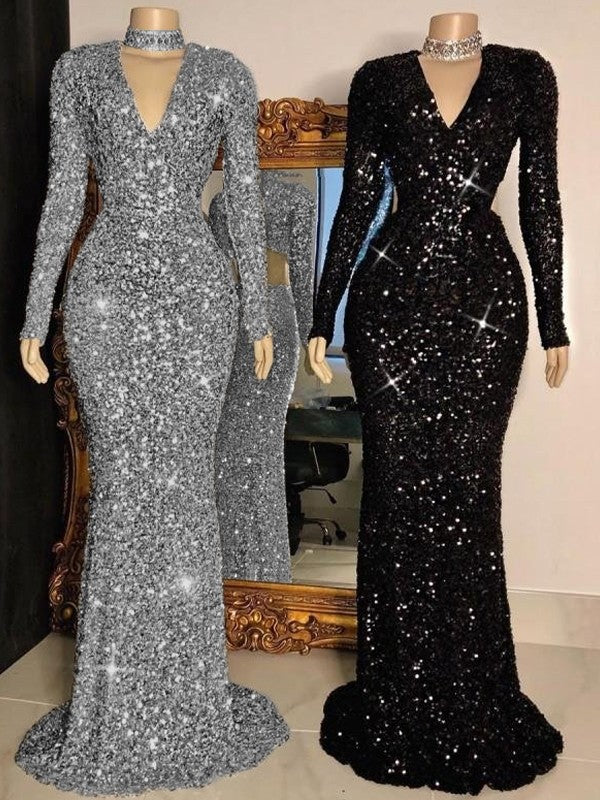 Wholesale Sheath/Column Ruched V-neck Long Sleeves Sweep/Brush Train Dresses